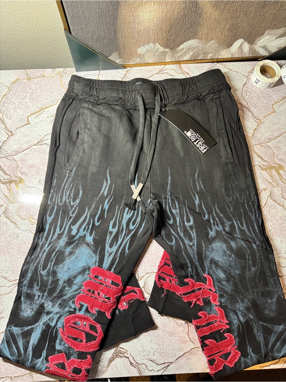 Men's Black Jogger Sweatpants with Blue Flame Print and Red Appliqué